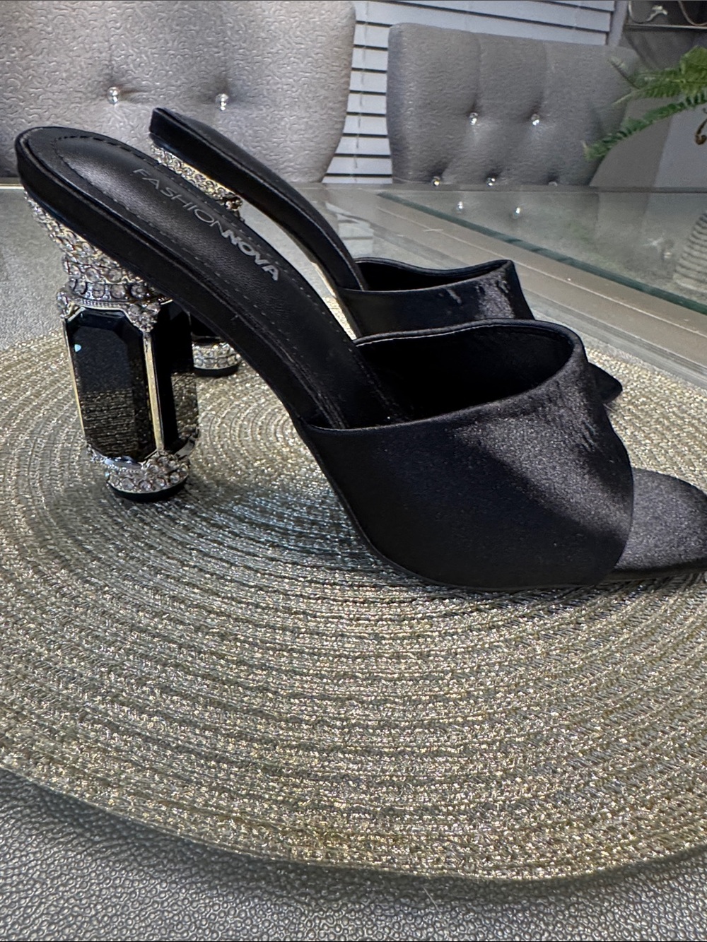 Fashion Nova Black Satin Crystal-Embellished Block Heel Mules